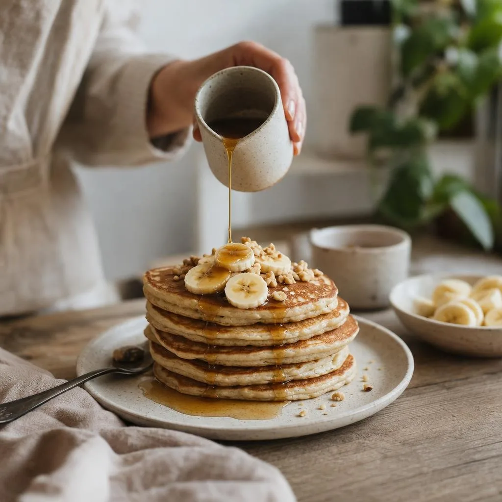 A stack of fluffy vegan pancakes being served